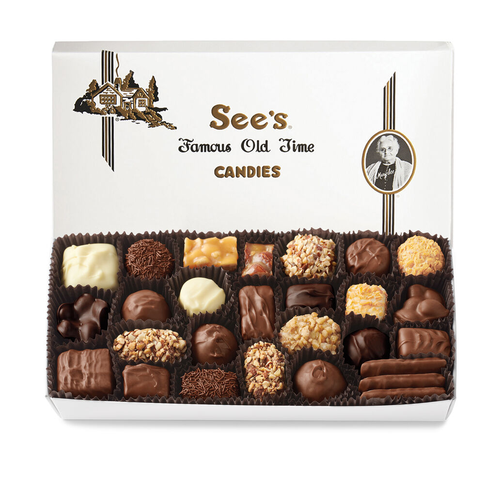 See's Candies assorted chocolates in a white See's gift box