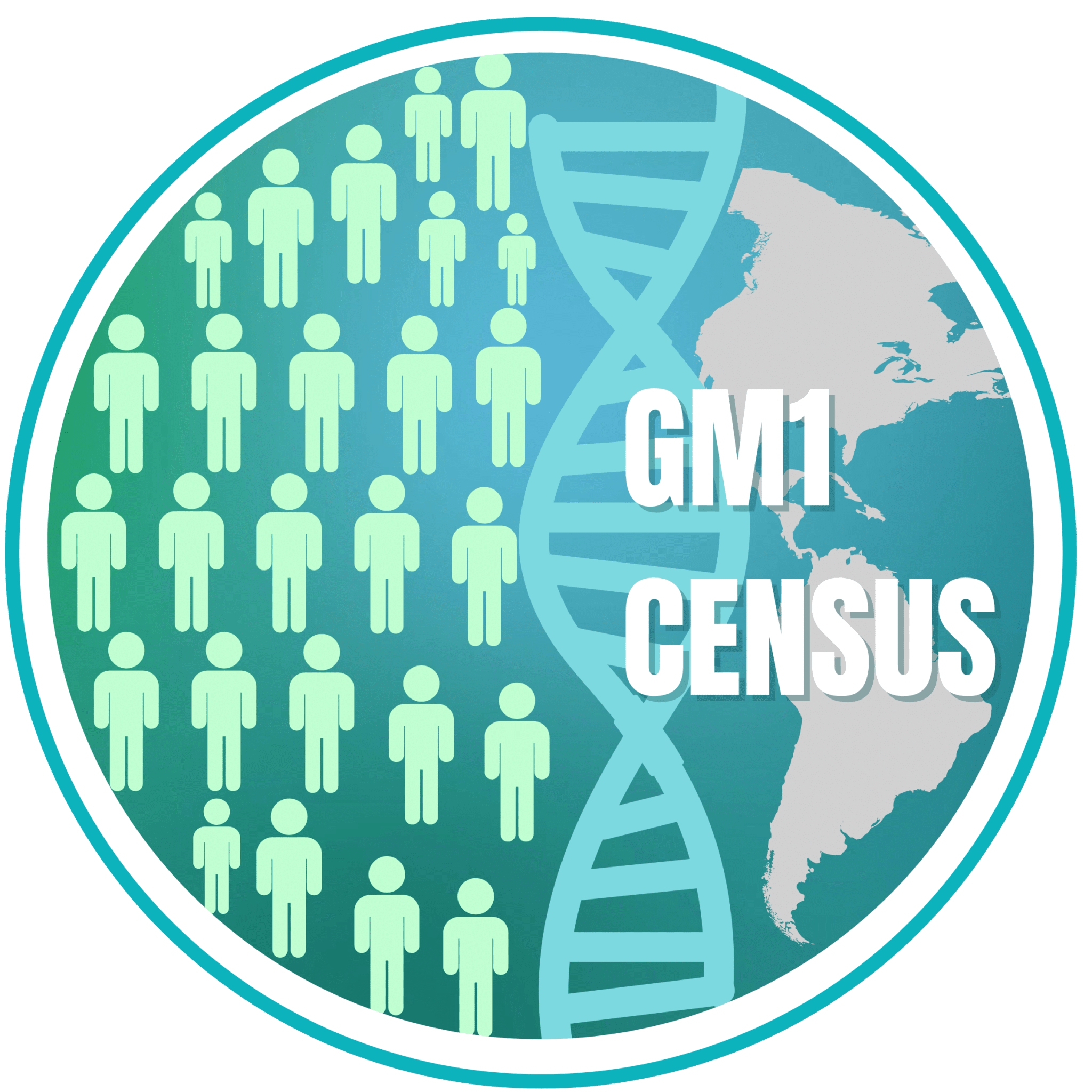 GM1 Census graphic with teal DNA helix globe and human figures representing the global GM1 patient population