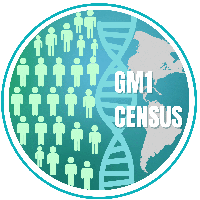 GM1 Census graphic with teal DNA helix globe and human figures representing the global GM1 patient population