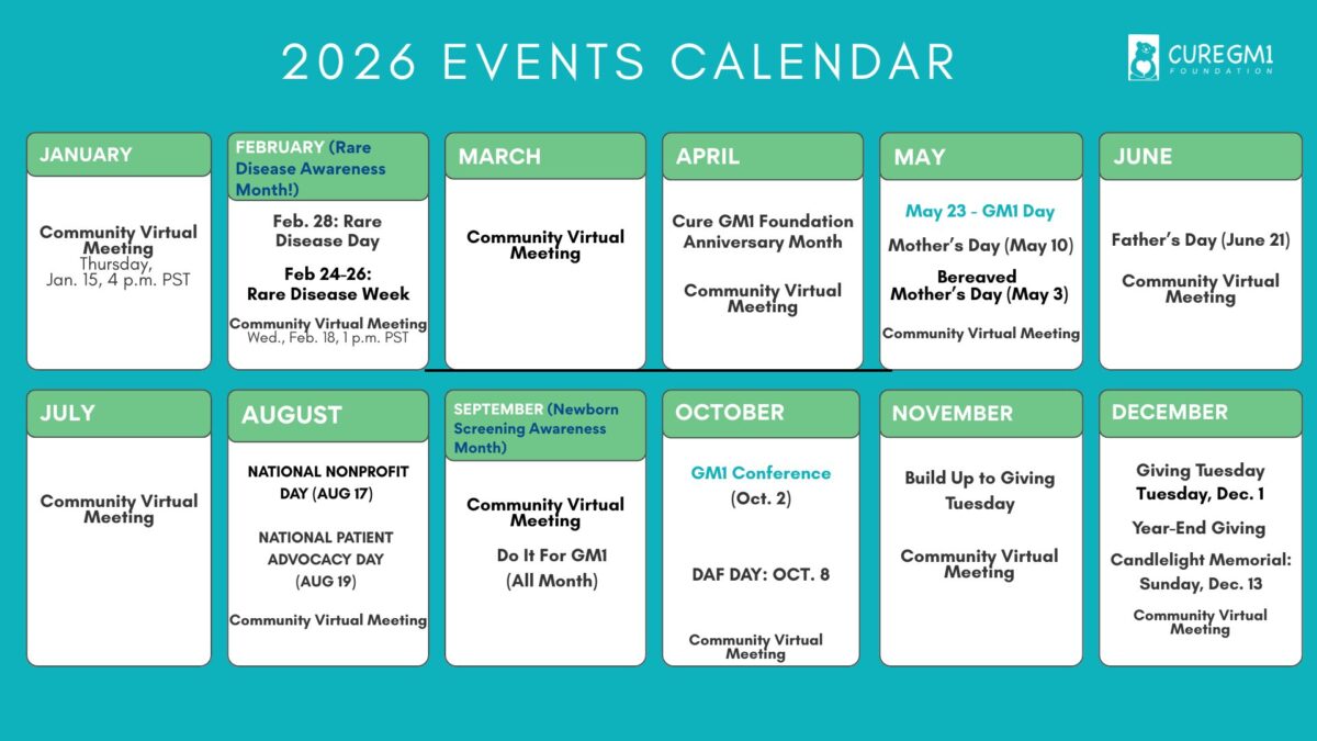 Cure GM1 annual calendar of community events, fundraising, and awareness campaigns