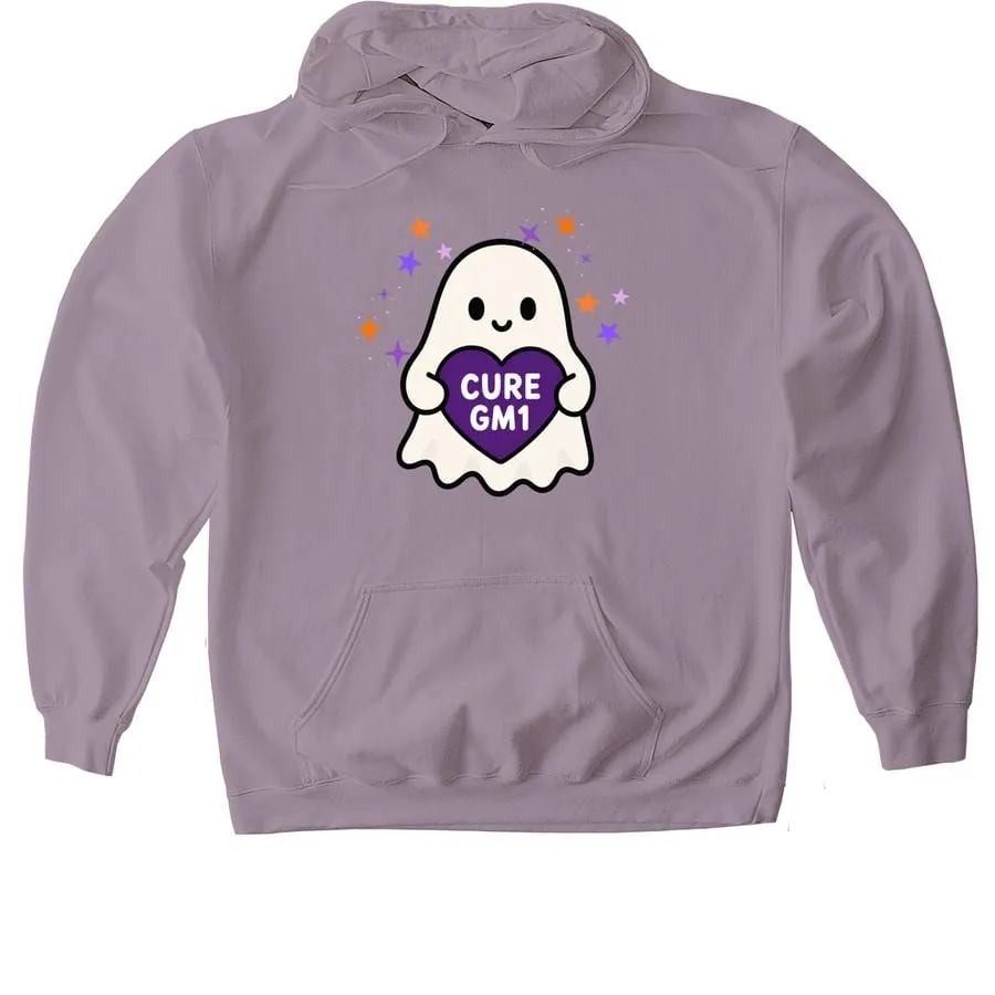 Purple hoodie with a Cure GM1 ghost holding a heart โ new Halloween design