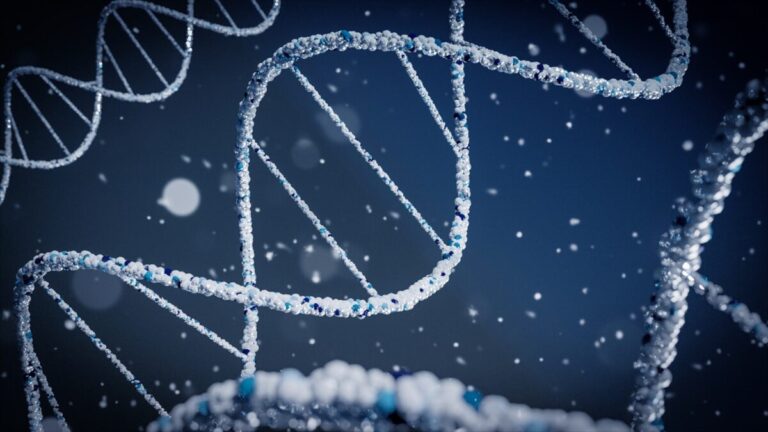 Blue three-dimensional rendering of DNA double helix strands, representing gene therapy approaches for GM1 gangliosidosis