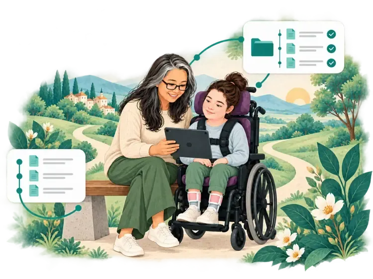 Illustration of a caregiver and a child in a wheelchair reviewing medical records on a tablet