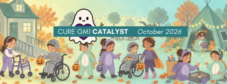 Cure GM1 Catalyst October 2026 — illustration of children using wheelchairs and walkers trick-or-treating in Halloween costumes