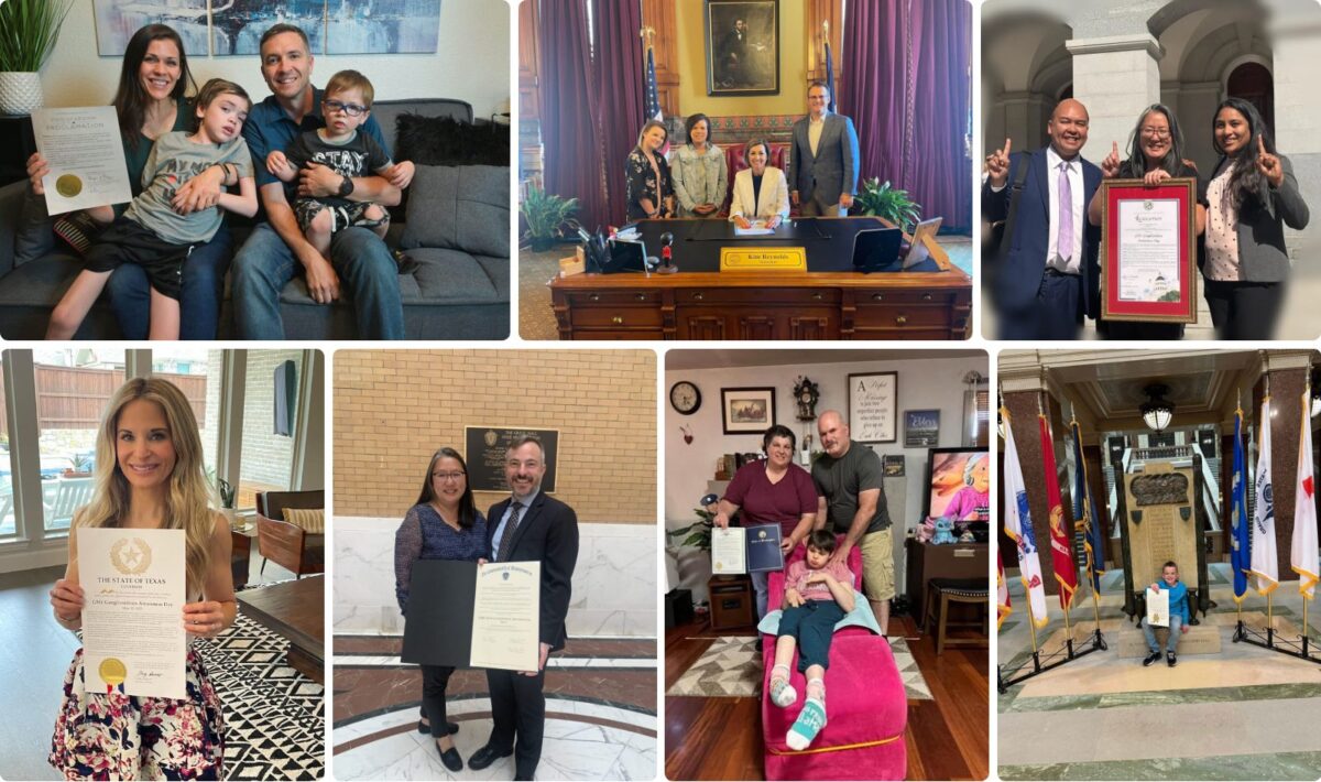 Collage of GM1 families and advocates holding International GM1 Gangliosidosis Awareness Day proclamations, including signings at state capitols