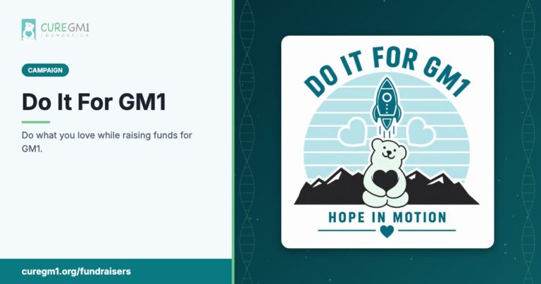 Dark teal Cure GM1 header background with coin and dollar bill pattern