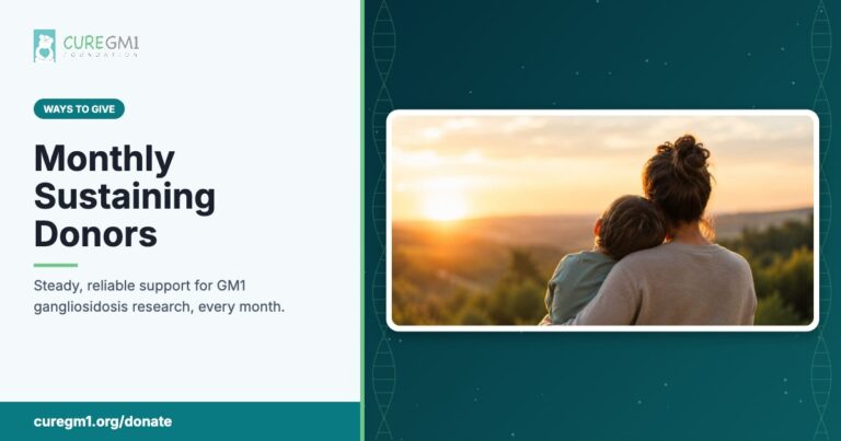 Dark teal Cure GM1 header background with coin and dollar bill pattern