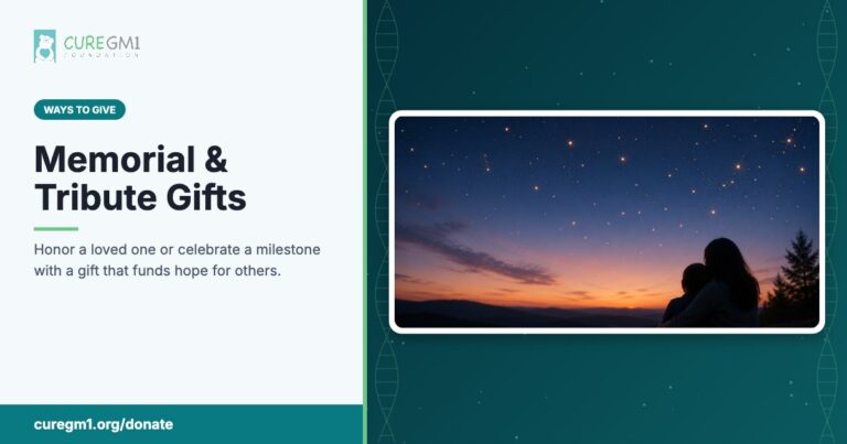 Dark teal Cure GM1 header background with coin and dollar bill pattern