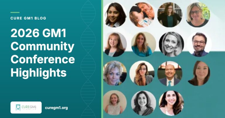 Cure GM1 family stories header, teal and green abstract background