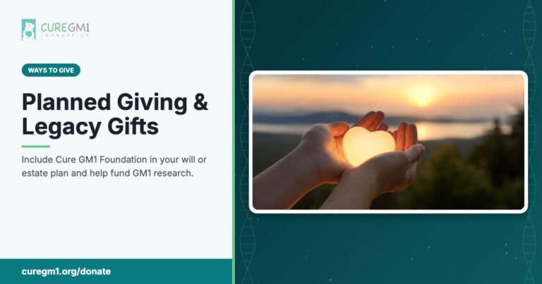 Dark teal Cure GM1 header background with coin and dollar bill pattern